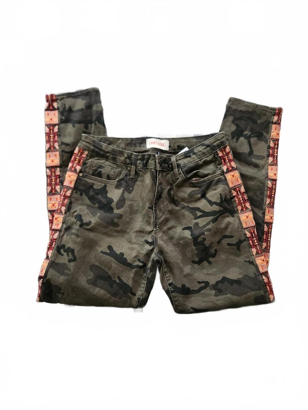 Driftwood low rise camo skinny jeans with embroidery down the seam